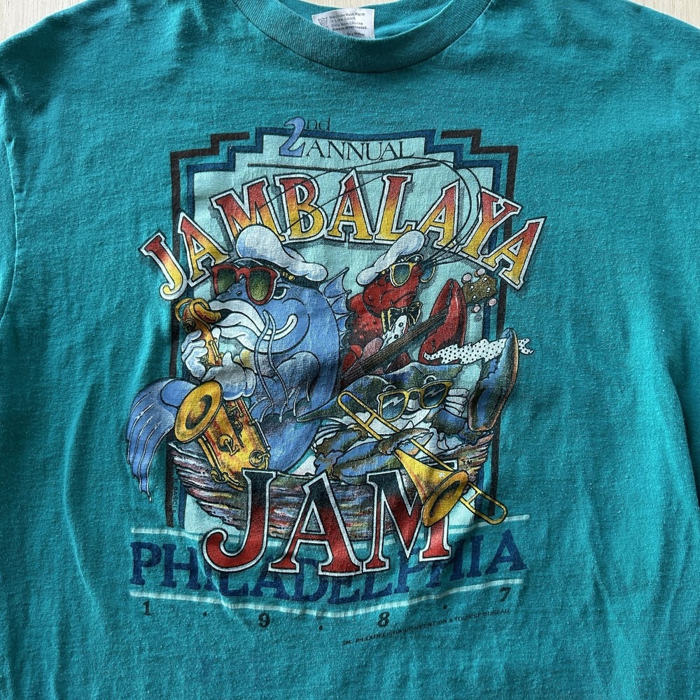 Vintage 1987 Jambalaya Jam‎ Philadelphia Shirt Mens XL Green Hanes Made USA Tee